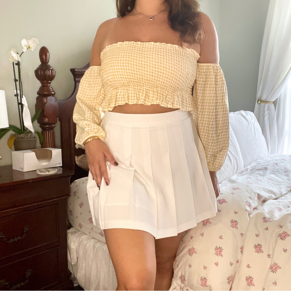 Yellow and white off the shoulder crop top